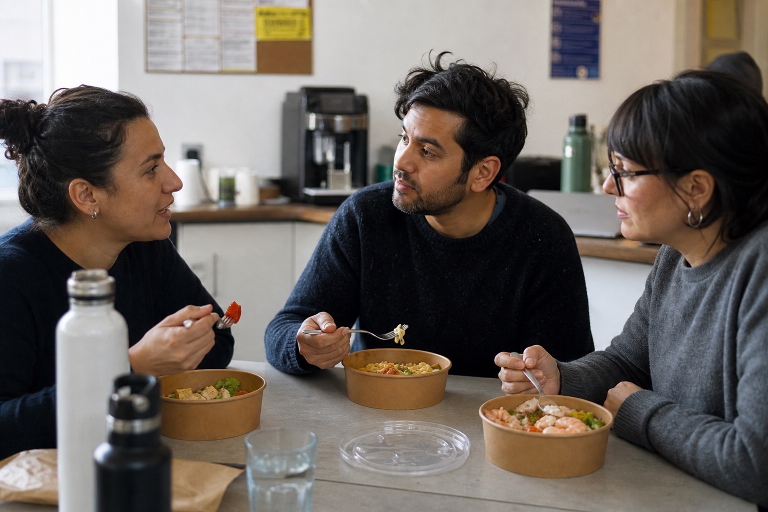 Tres compañeros conversando durante el almuerzo
