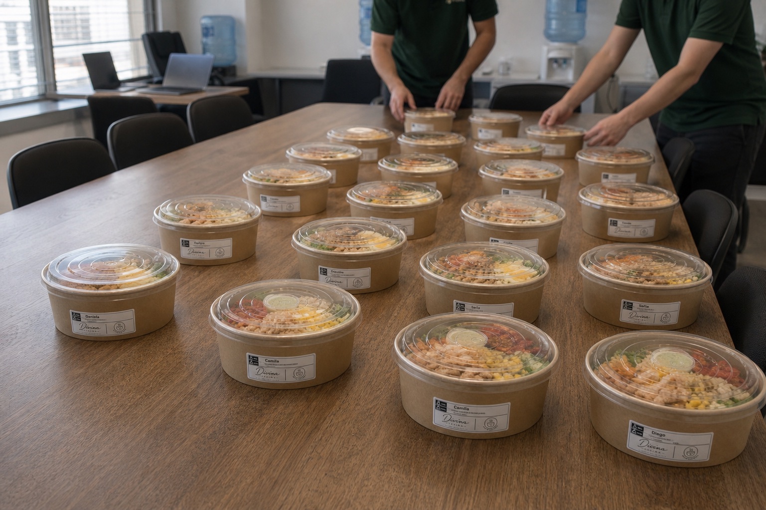 Almuerzos Divina Cocina organizados directamente sobre una mesa de oficina