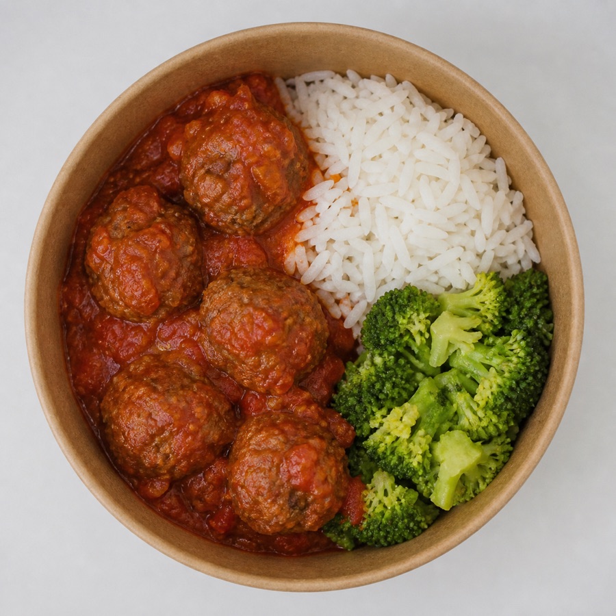 Vista cenital de Albóndigas de vacuno en salsa de tomate con arroz basmati y brócoli cocido