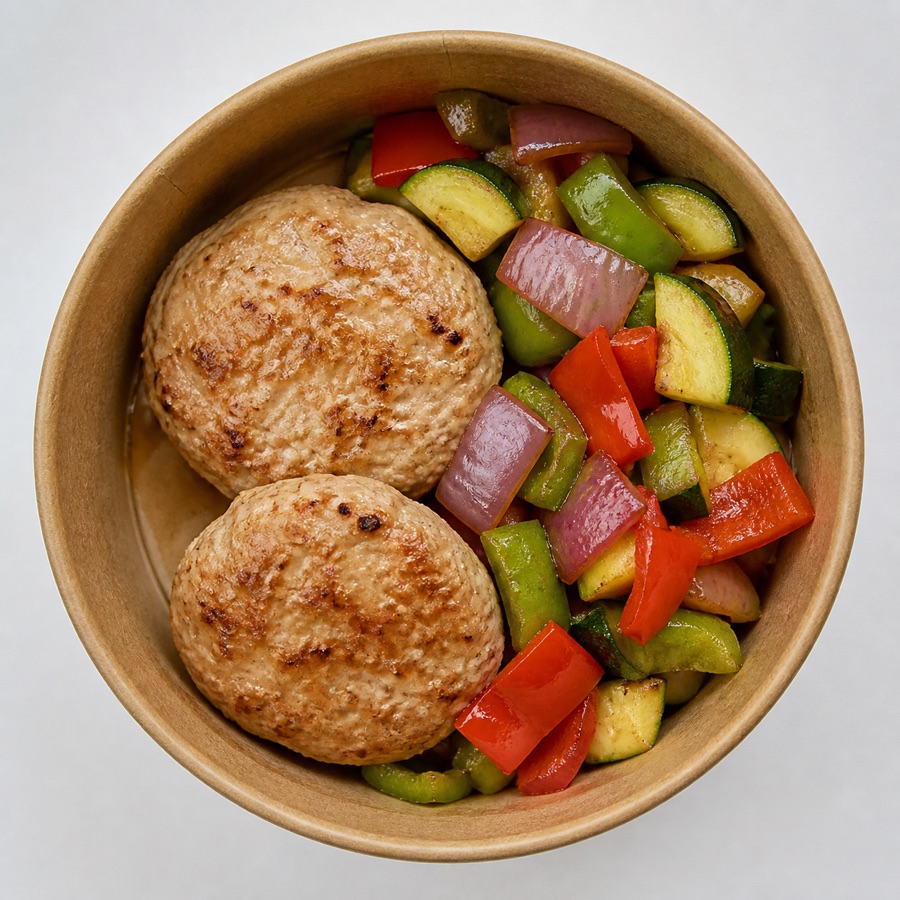 Vista cenital de Hamburguesas de pavo con verduras salteadas